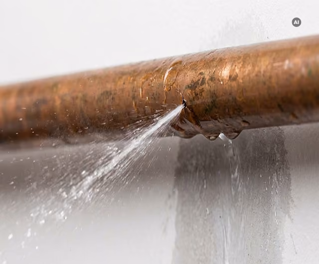 Rohrbruch: Wasser spritzt aus einem Kupferrohr