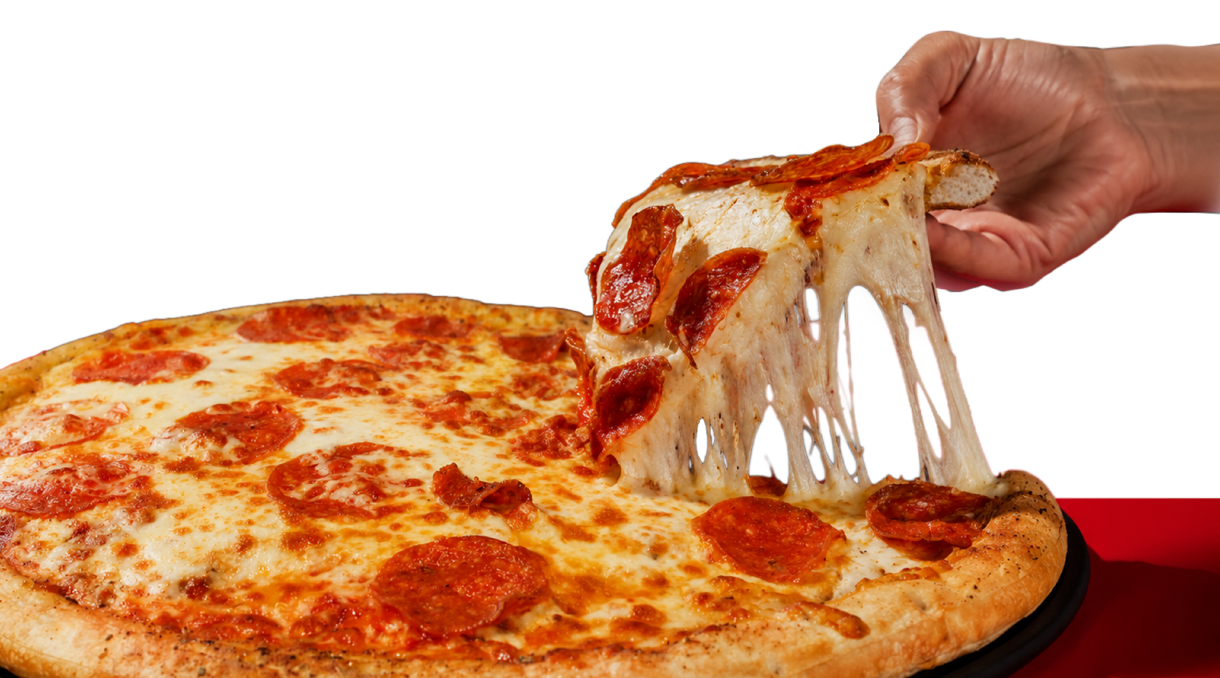 Hand lifting a hot pepperoni pizza slice with melted cheese