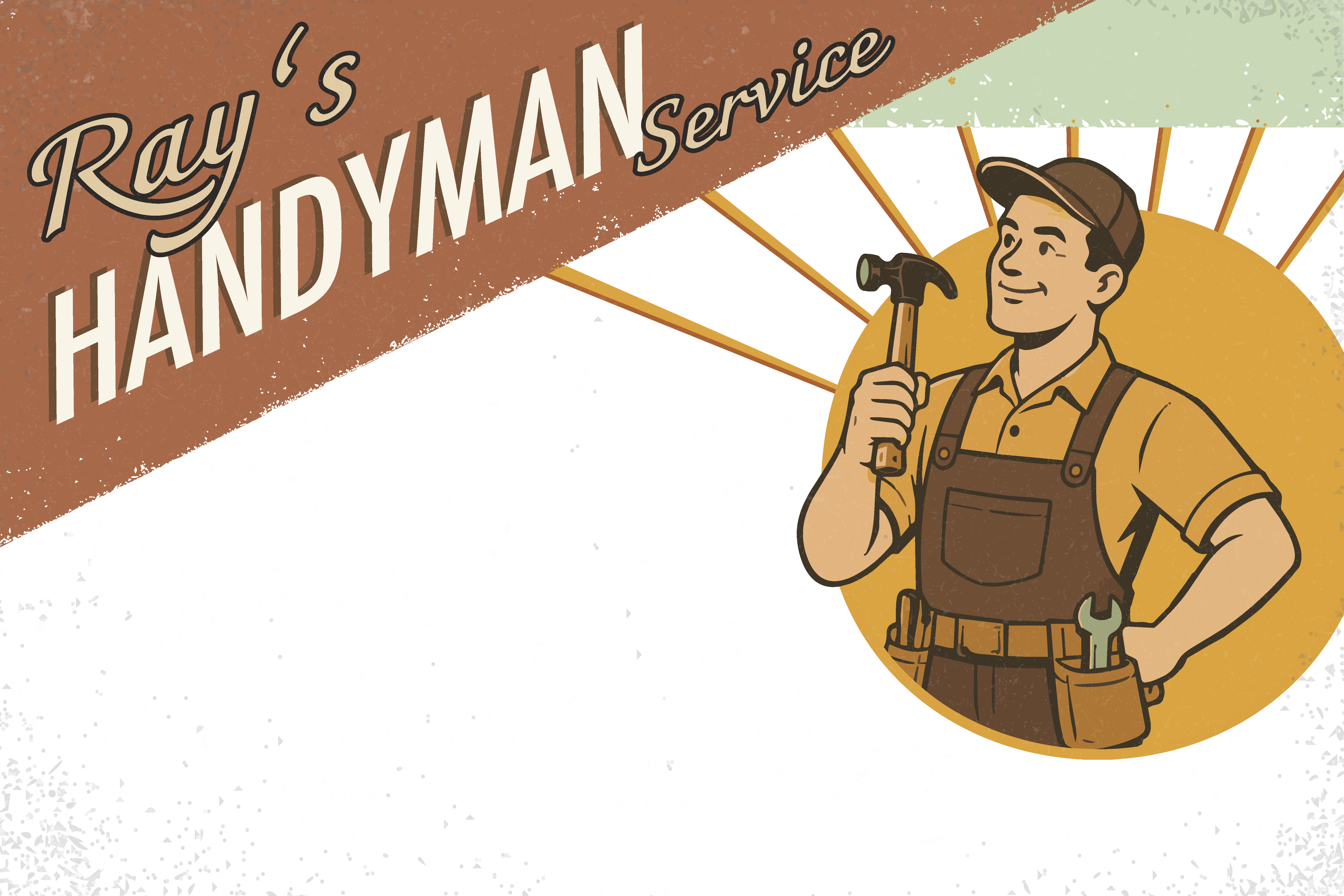 Vintage-style advertisement for Ray's Handyman Service featuring a smiling handyman holding a hammer, wearing a cap, brown overalls, and a tool belt with tools, set against a black, brown, and yellow background with distressed texture.