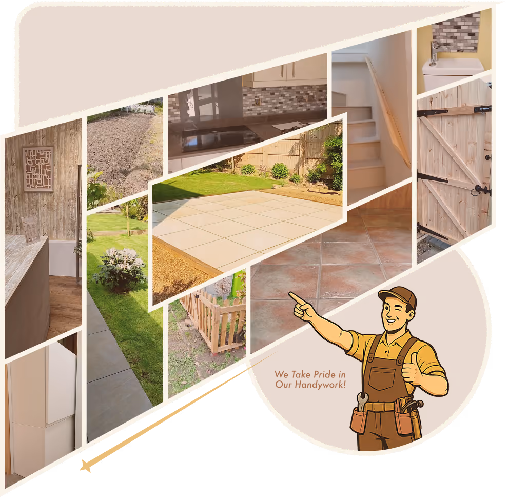 Collage of home improvement images including kitchen interiors with countertops and tiled backsplashes, a well-maintained lawn with a patio, garden fencing, stairs, wooden door with black hinges, and a cartoon handyman in overalls giving a thumbs-up while pointing.