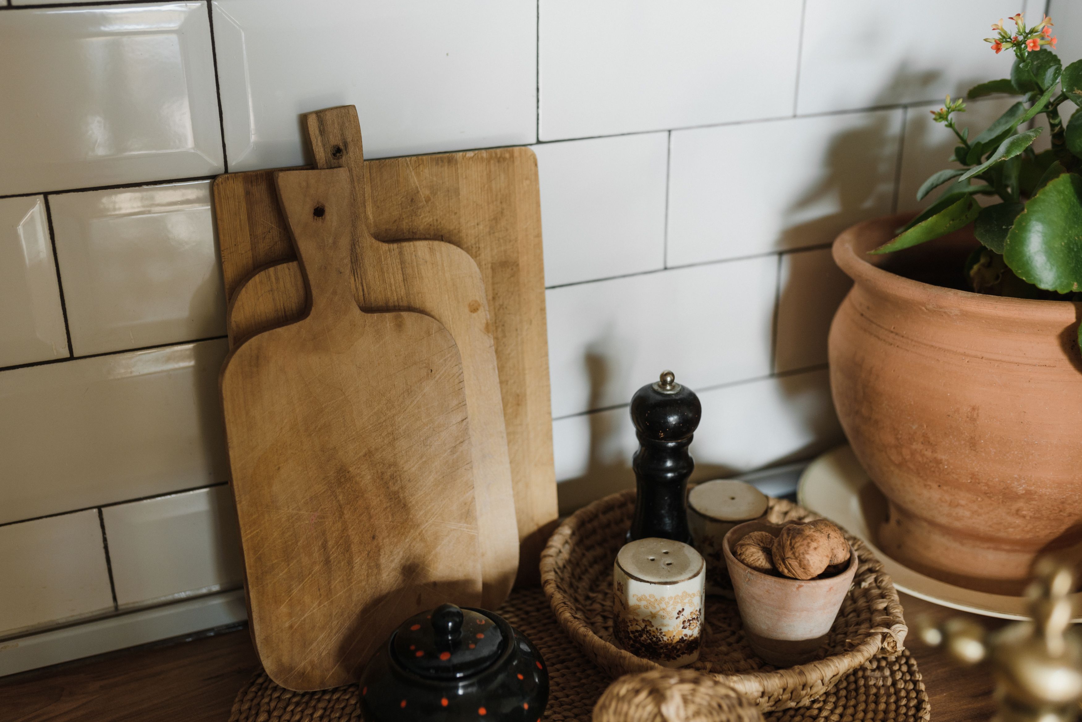 Cutting board on counter stock image