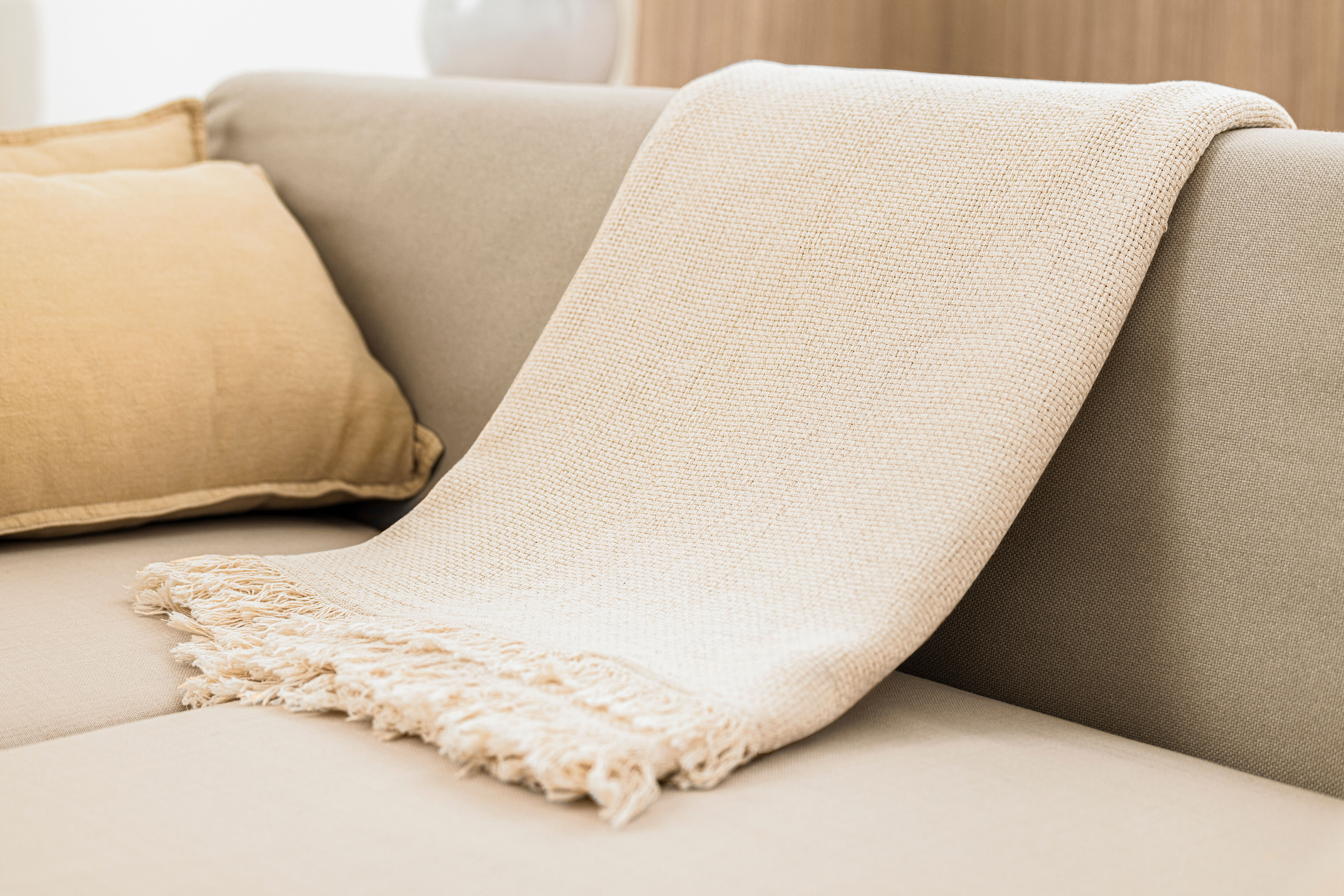 Couch with blanket and pillow stock image