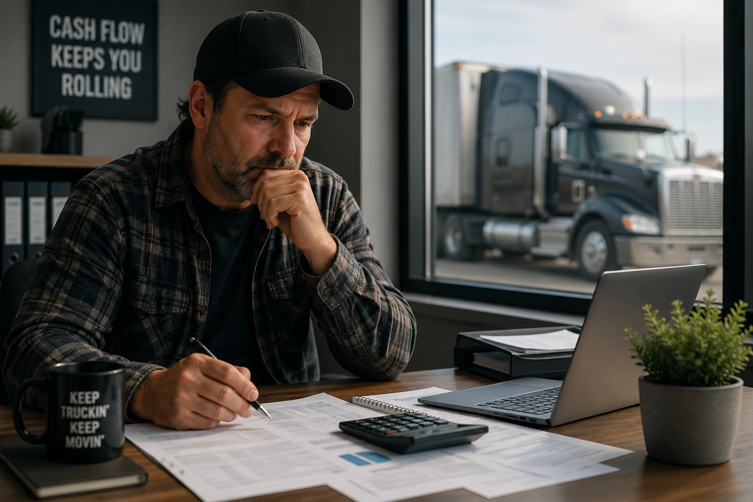 Stressed owner-operator holding unpaid invoices in front of a grounded semi-truck, illustrating the trucking industry's cash flow crisis and payment delays.