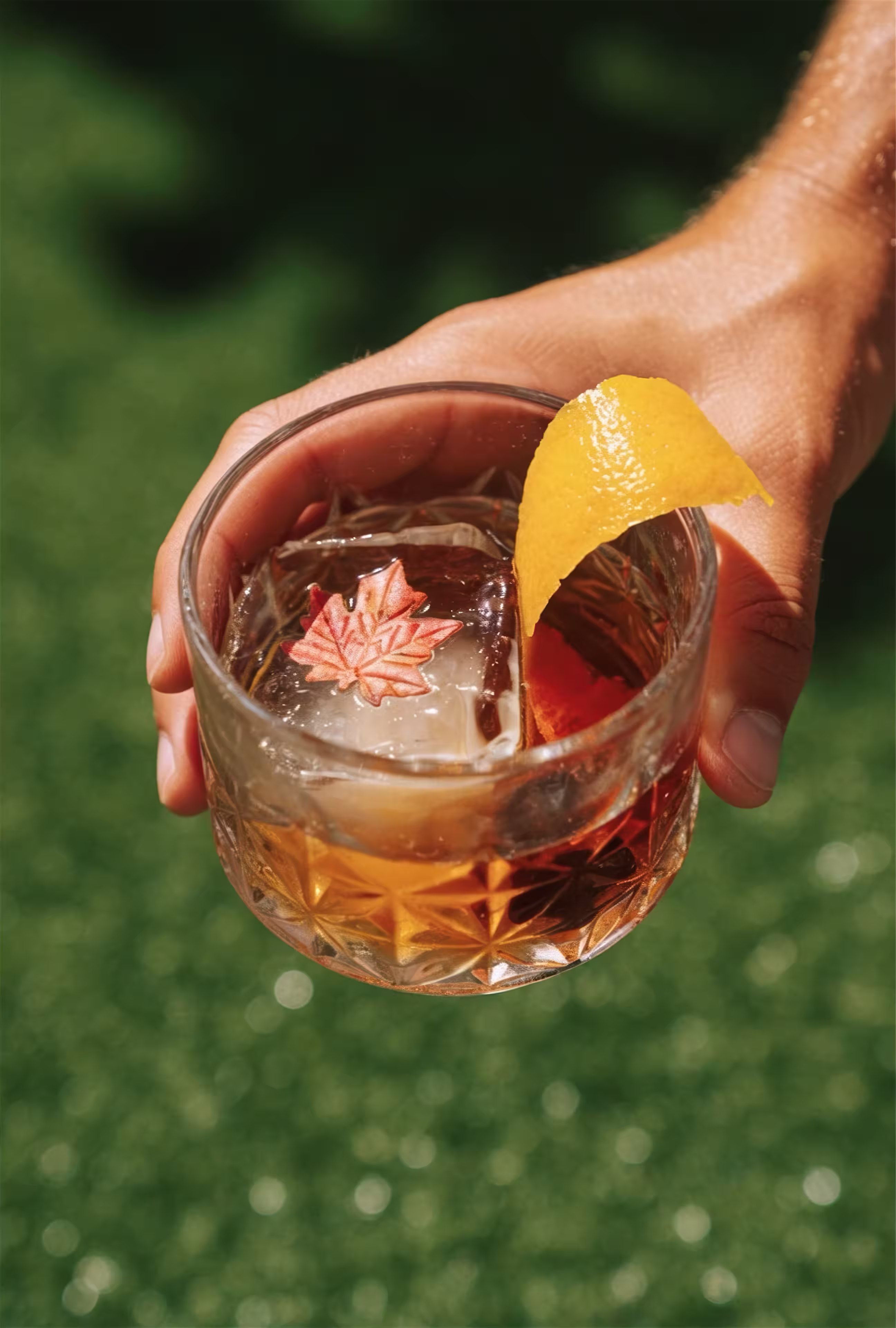 Hand holding glass with amber drink, large ice cube with leaf, and lemon peel garnish.