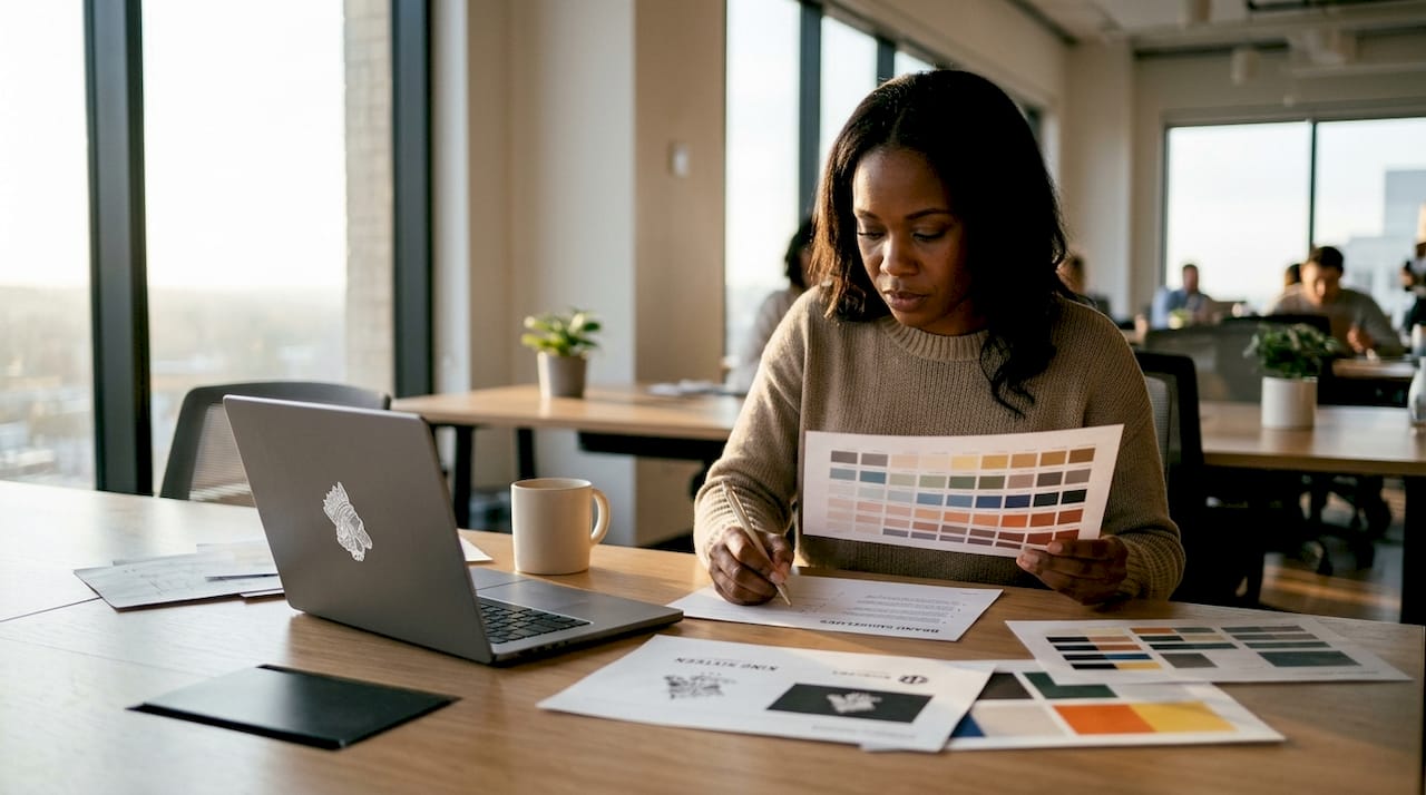 Marketer reviewing brand asset samples at desk