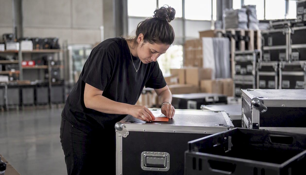 Team member packing and labeling event crates