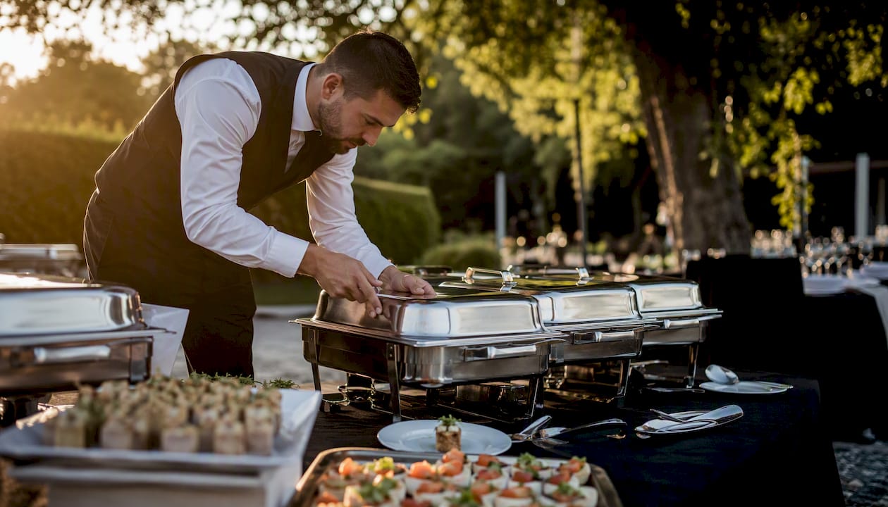 Caterer arranging buffet with chafing dishes