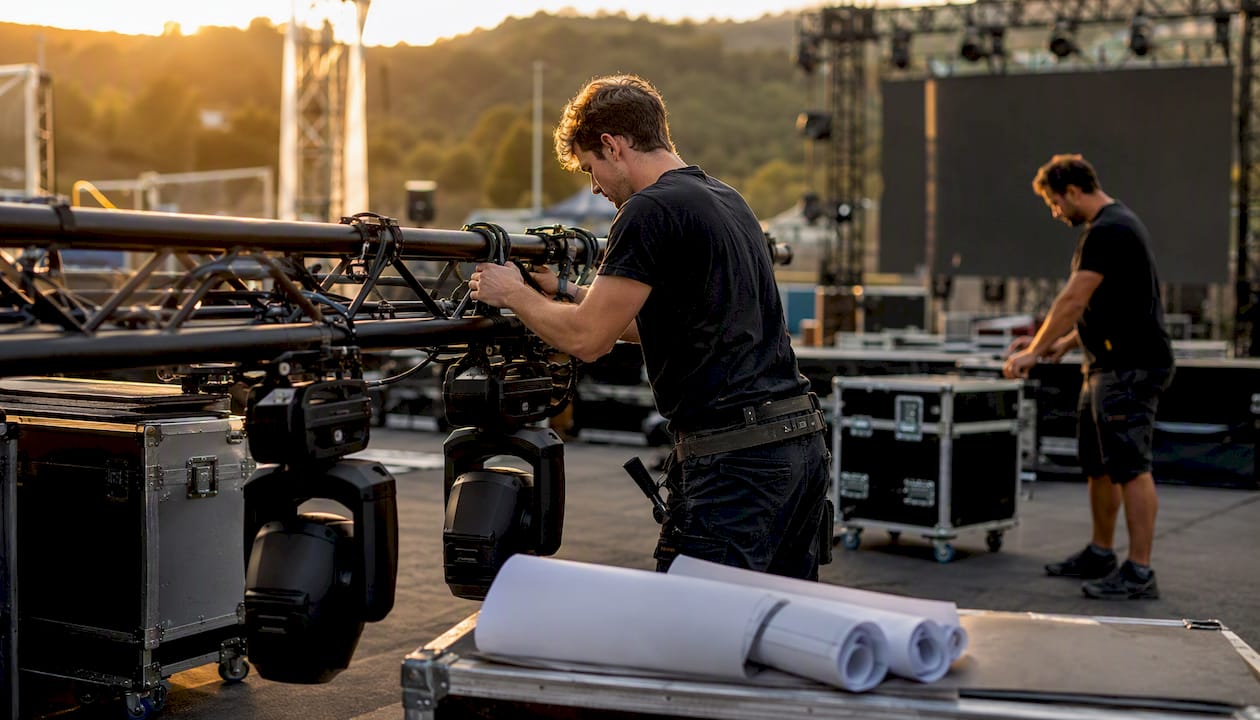 Production crew setting up experiential event