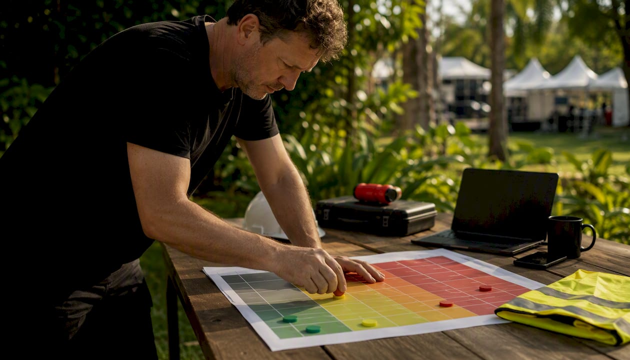 Hands placing markers on hazard matrix chart