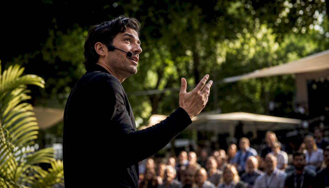 Keynote presenter using headset microphone on stage