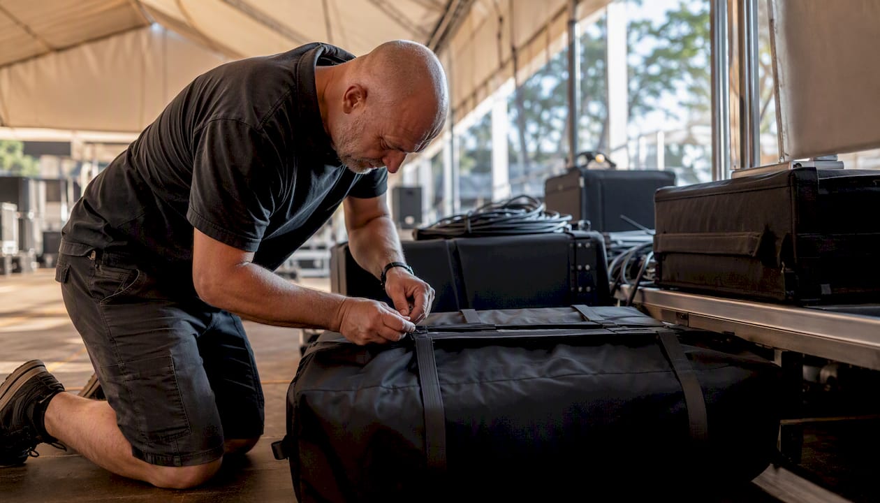 Technician protecting event AV equipment