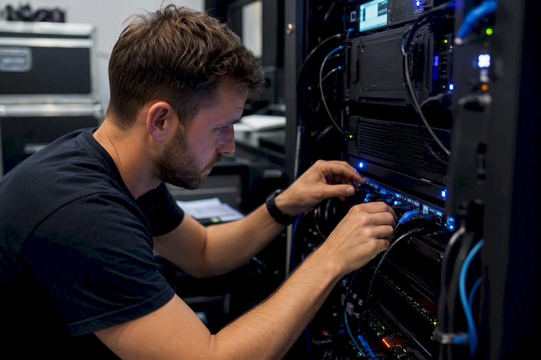 Technician installing backup streaming hardware