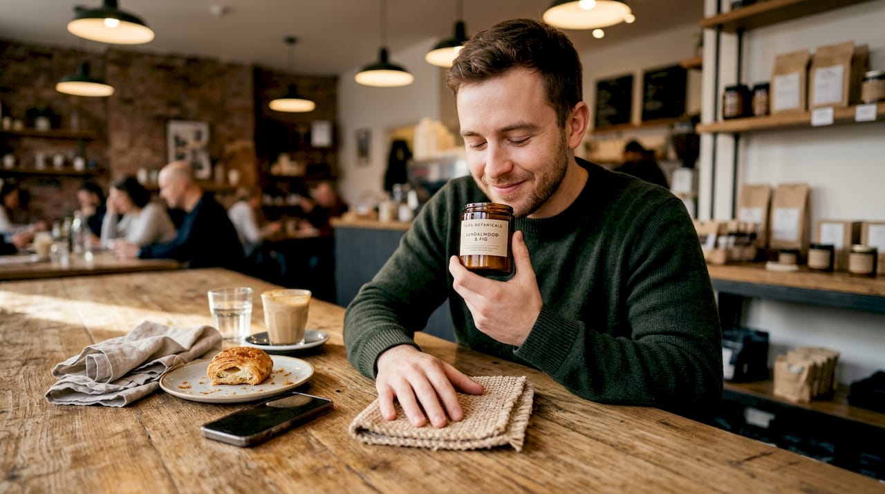 Person engages senses with sample at café