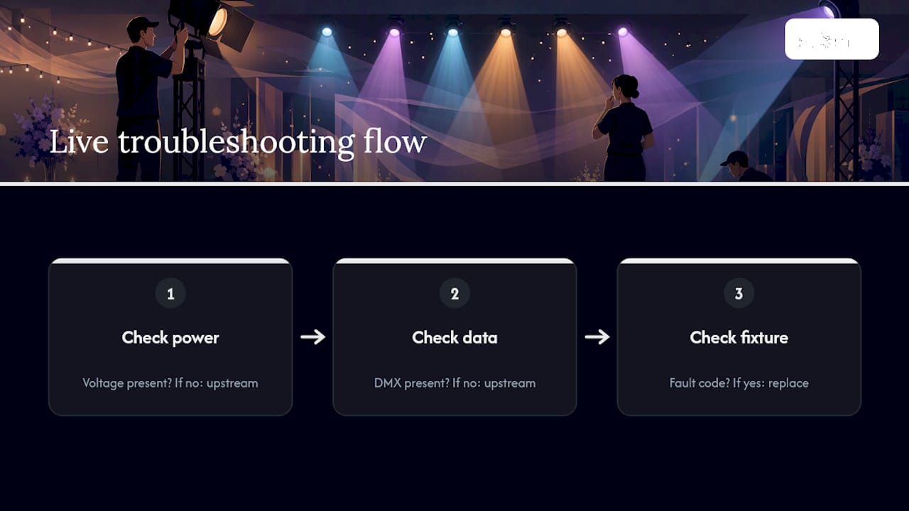 Three-stage event lighting troubleshooting sequence