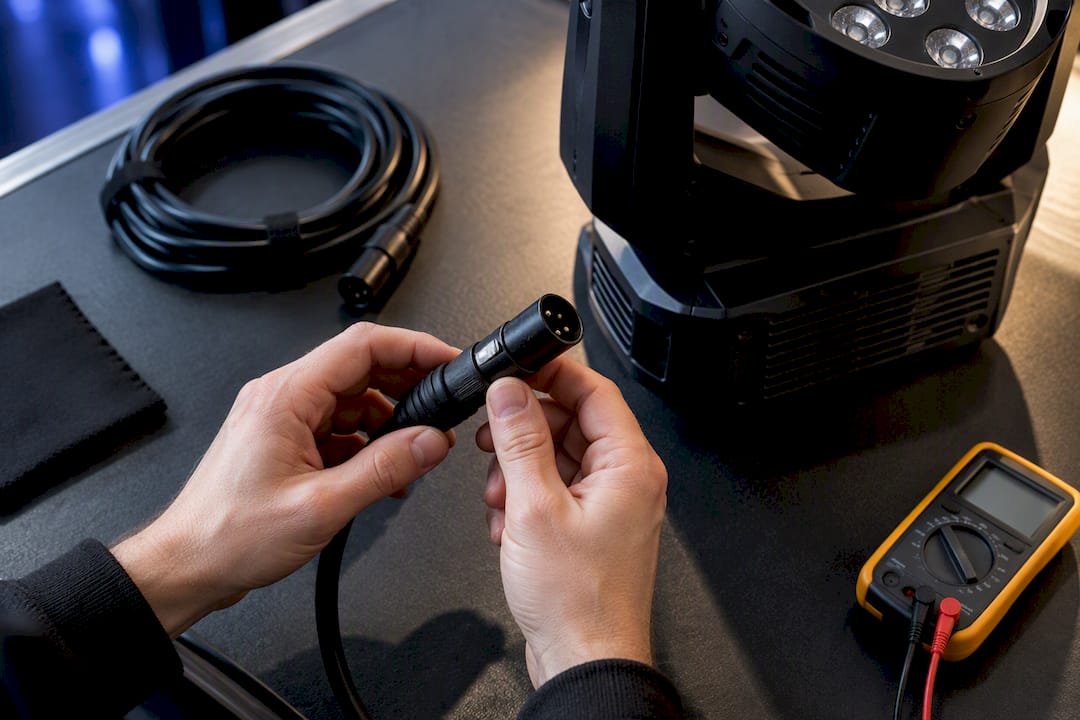 Technician inspecting event lighting connector