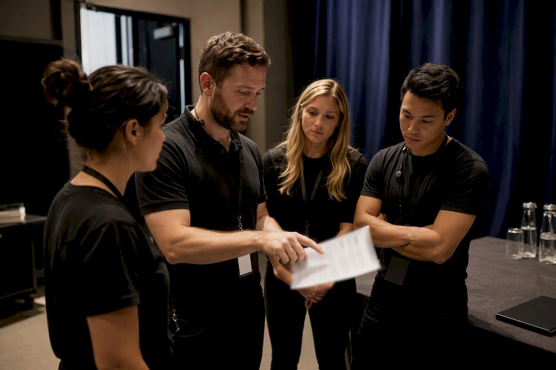 Event staff during pre-event briefing