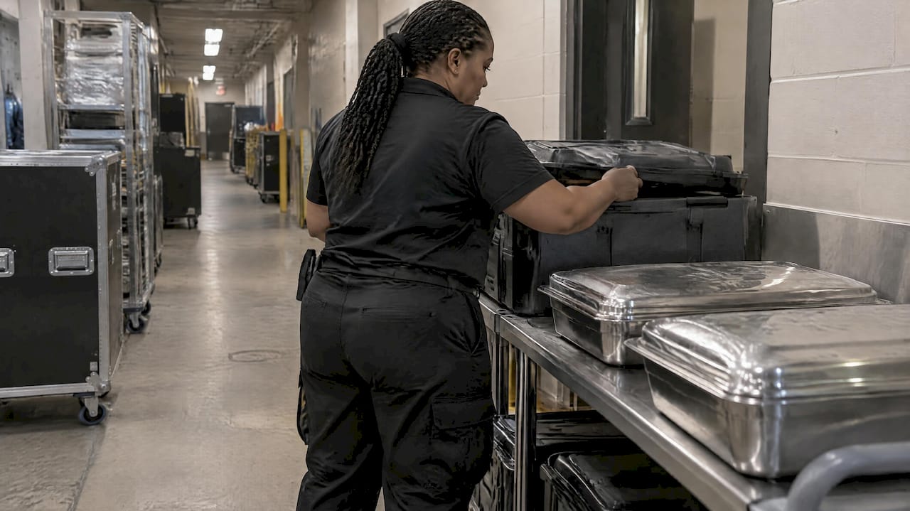 Caterer checking meal carriers before venue load-in