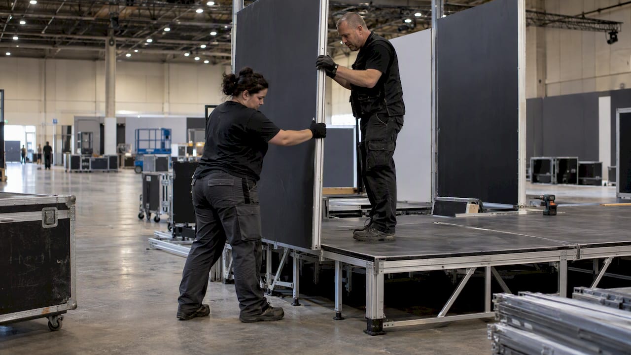 Crew reconfiguring modular event panels