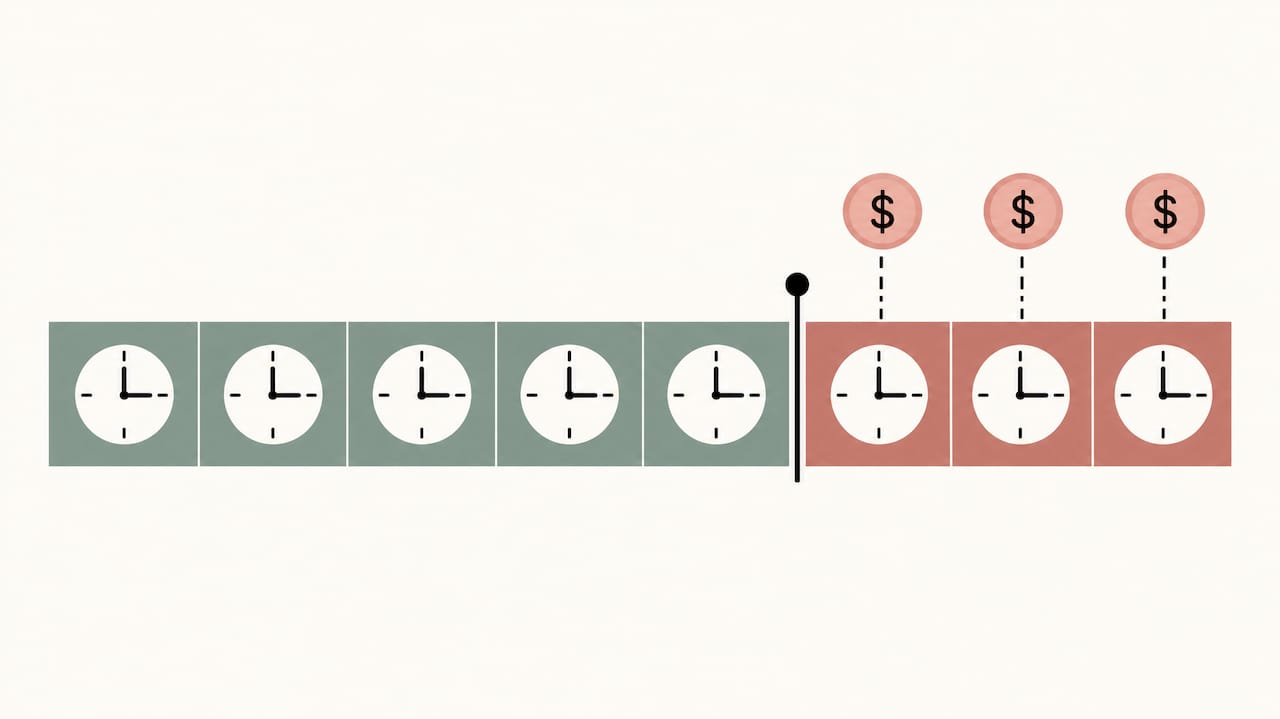 Event timeline extending into hourly overtime charges