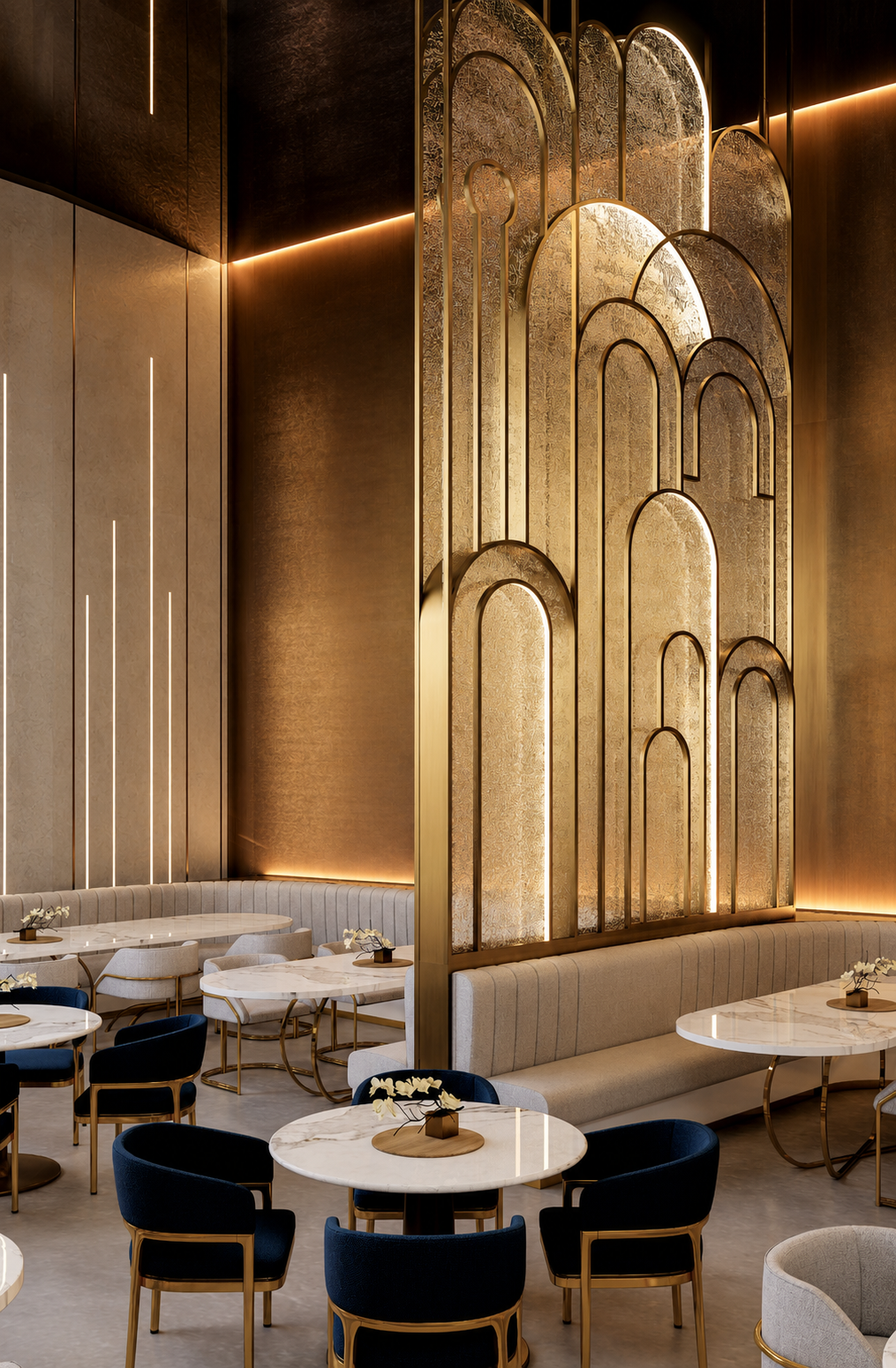 Gilded art deco arch screen dividing a restaurant dining room with navy velvet chairs