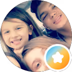 Smiling young woman, girl, and man posing for a close-up selfie in a circular frame.