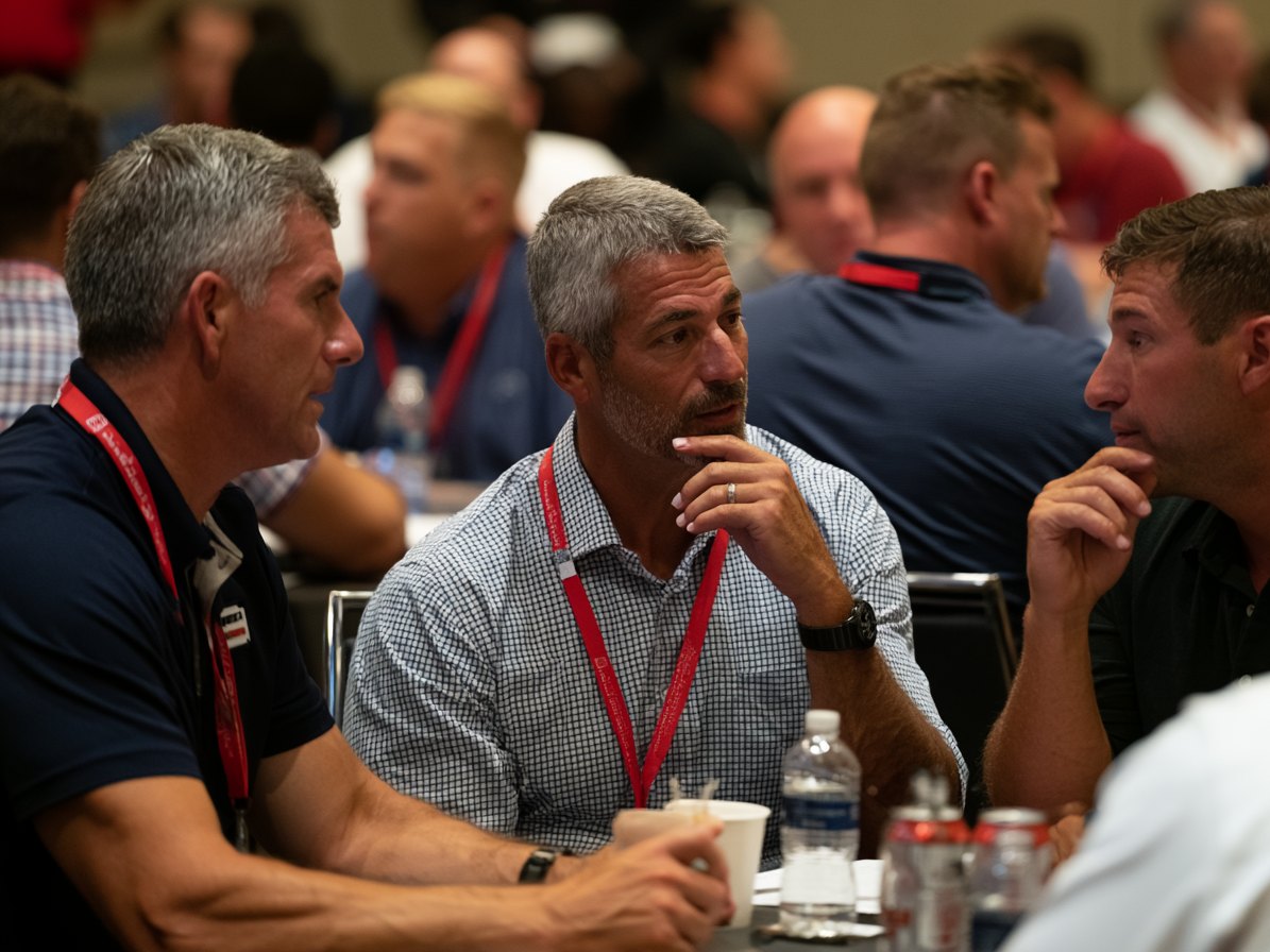 Operators in conversation at a crowded industry conference session.