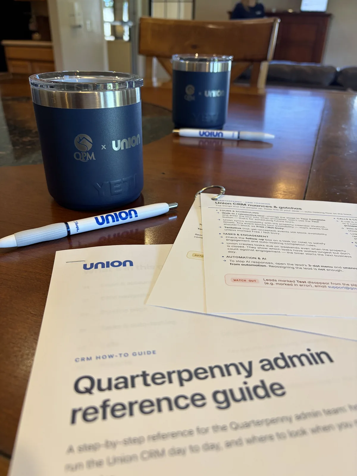 A printed Union CRM admin reference guide prepared for a customer team