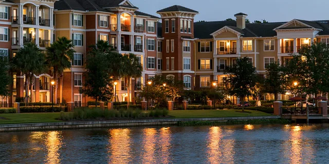 Apartment community at dusk