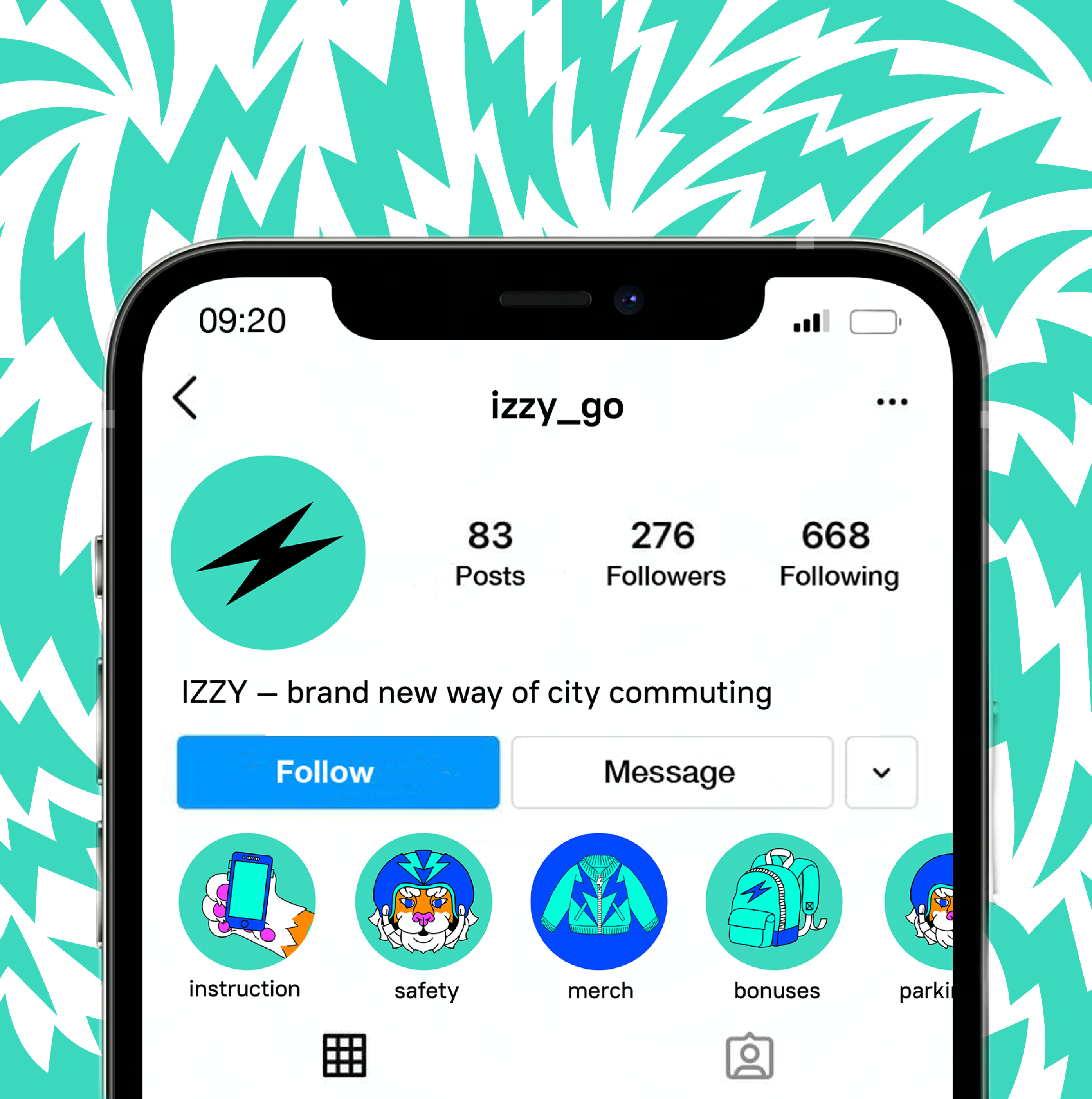 Izzy comprehensive brand system — logo, colors and typography applied