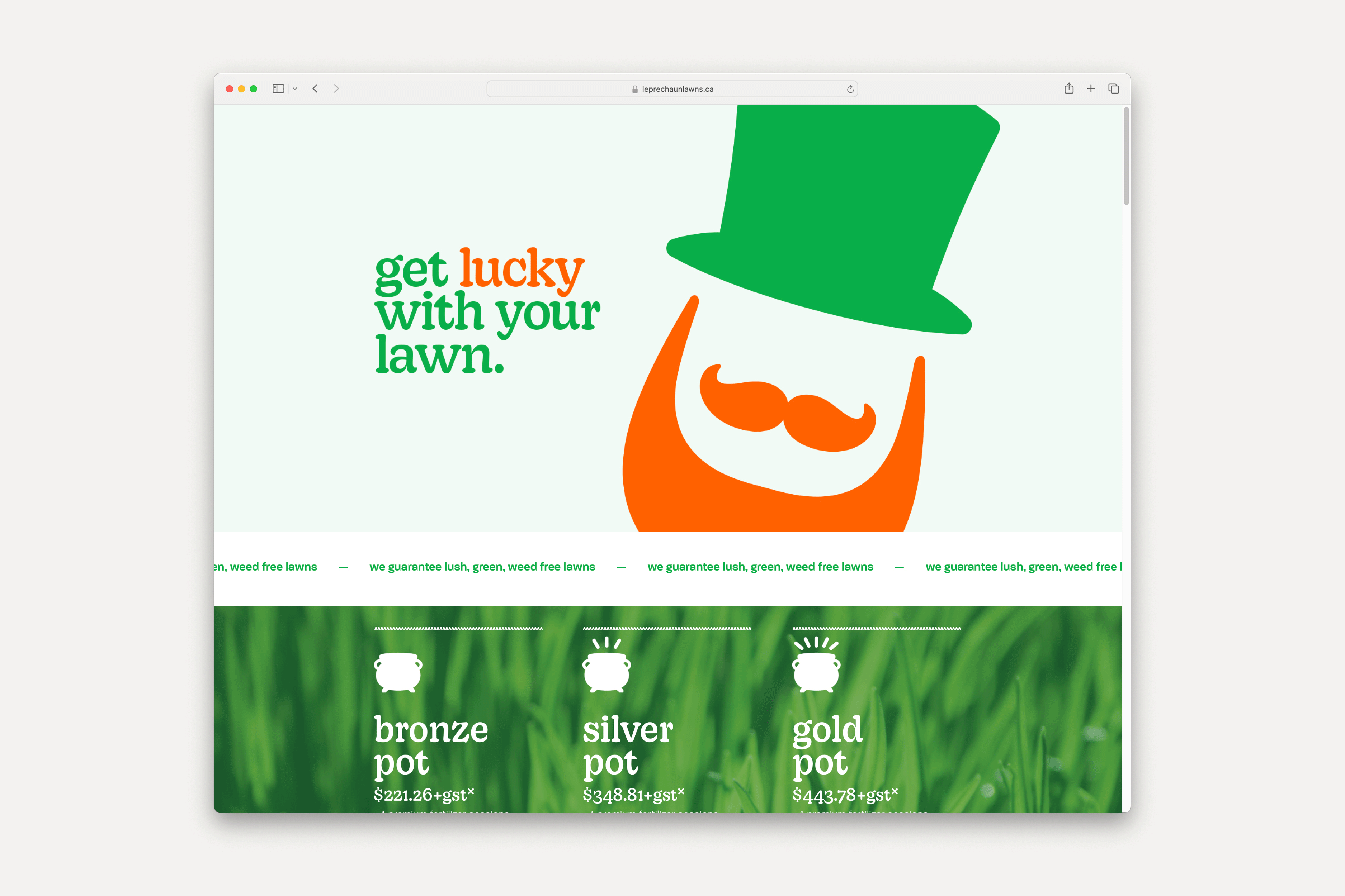 Leprechaun Lawns — animated website homepage preview