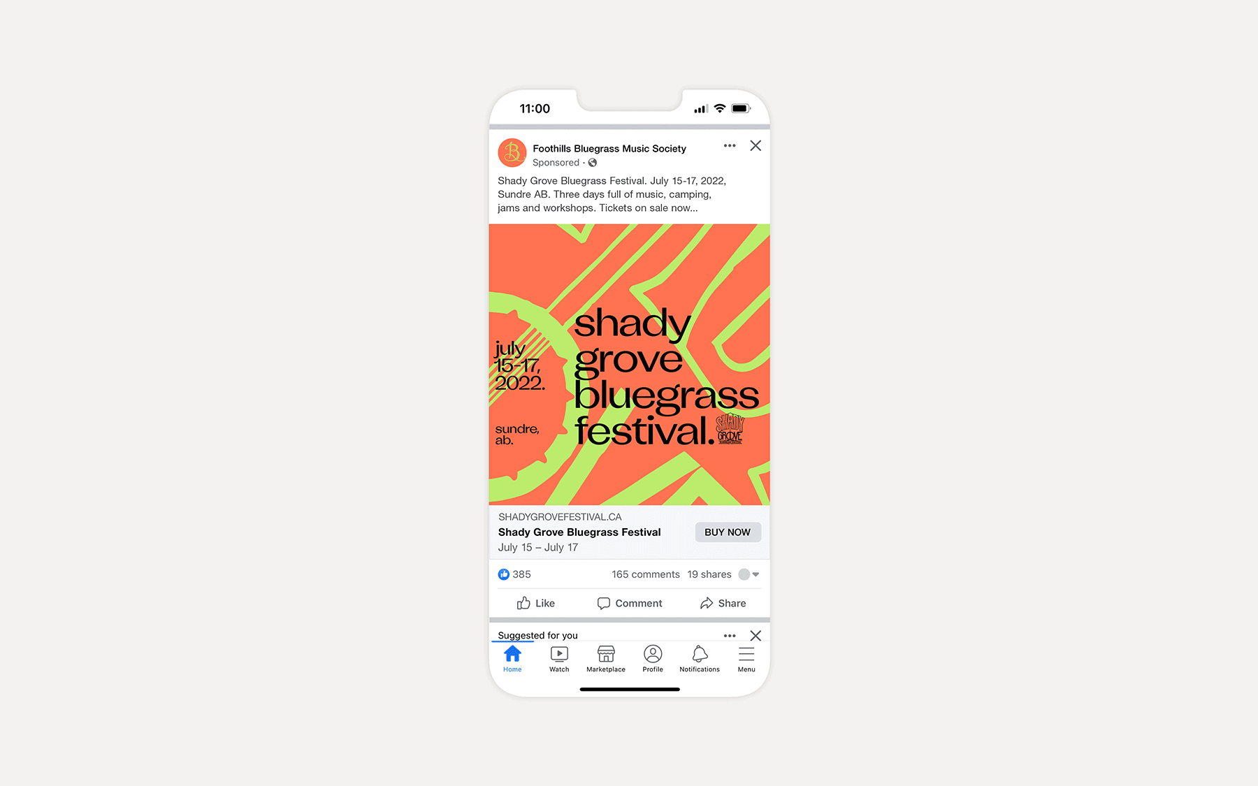 Shady Grove Bluegrass Festival — Facebook mobile ad with orange and green graphics