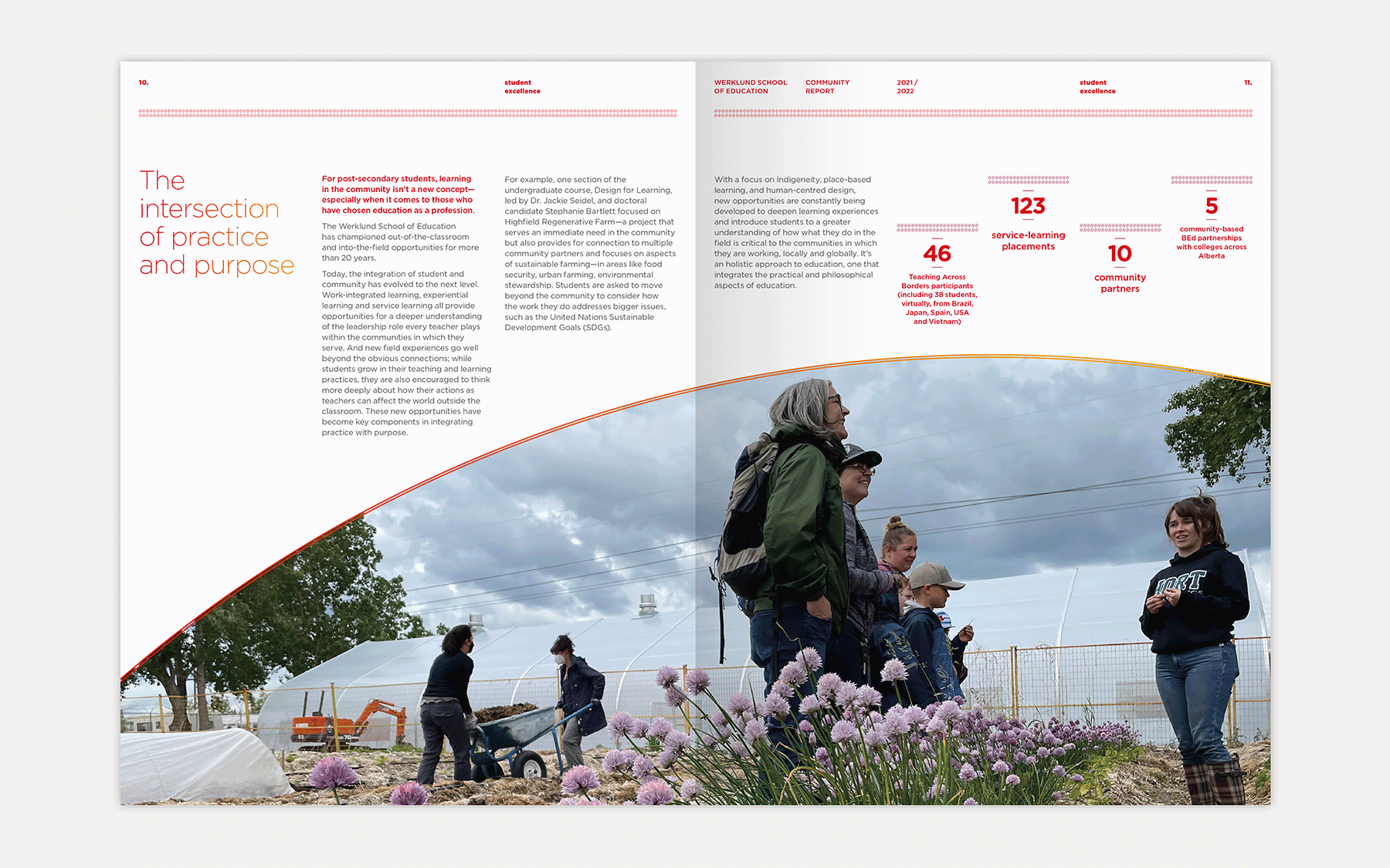 Werklund School of Education — report spread on student excellence with outdoor group photo