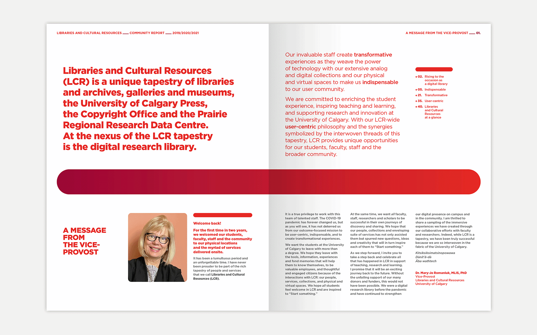 UCalgary Libraries & Cultural Resources — report spread with Vice-Provost message and table of contents