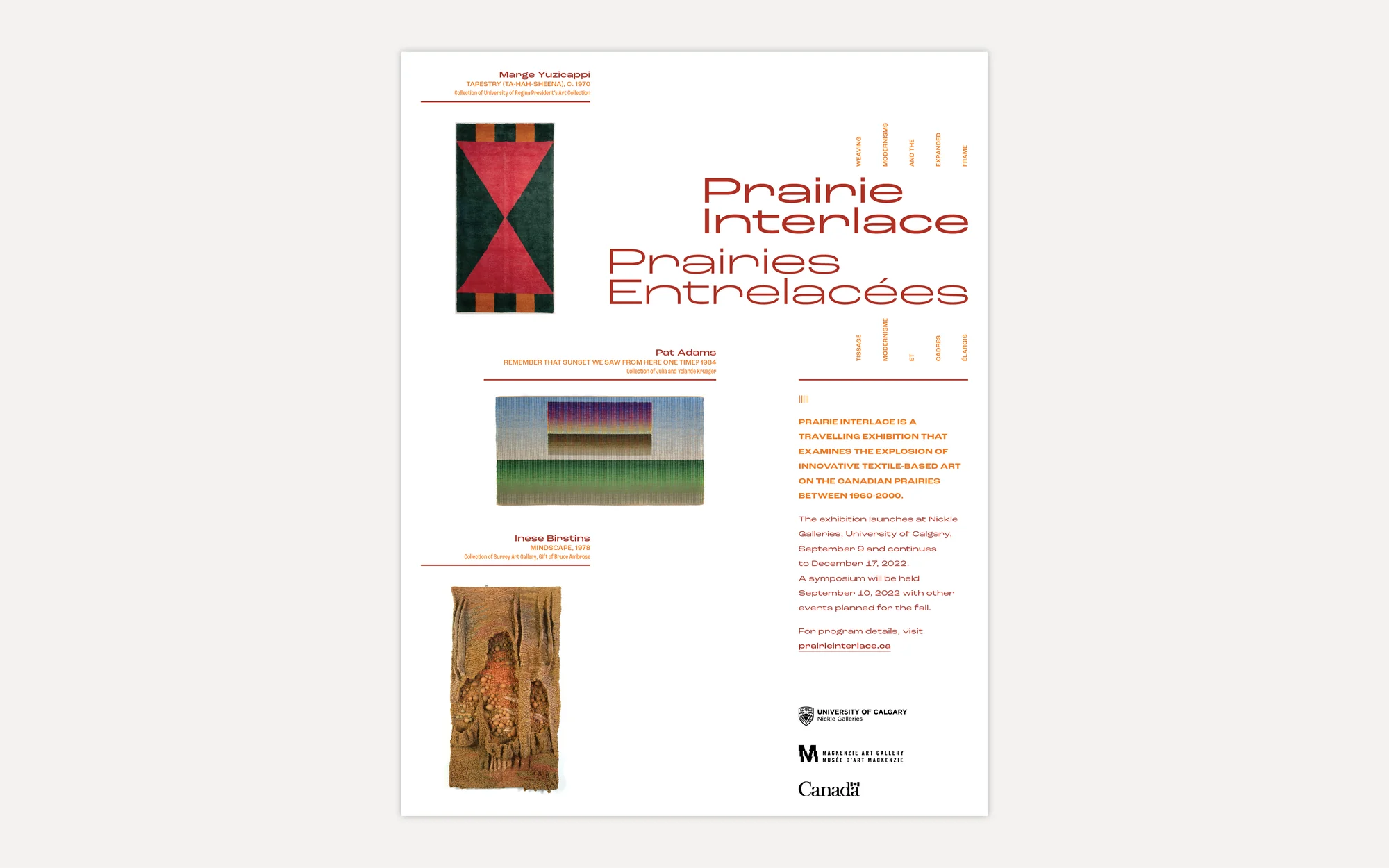 UCalgary Nickle Galleries — Prairie Interlace touring exhibition poster with three textile artworks