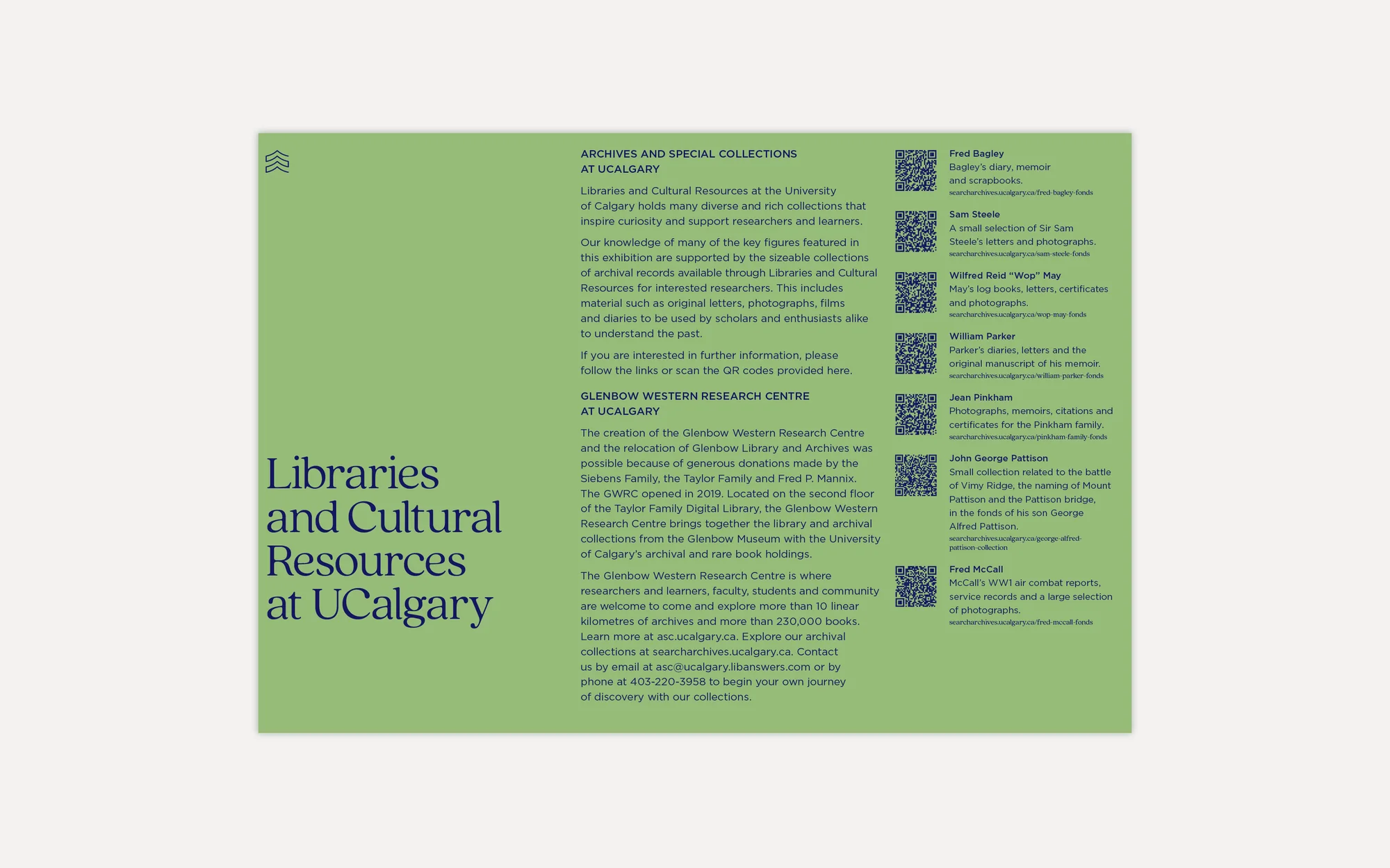 UCalgary Founders' Gallery — informational poster on UCalgary's archival collections with QR codes