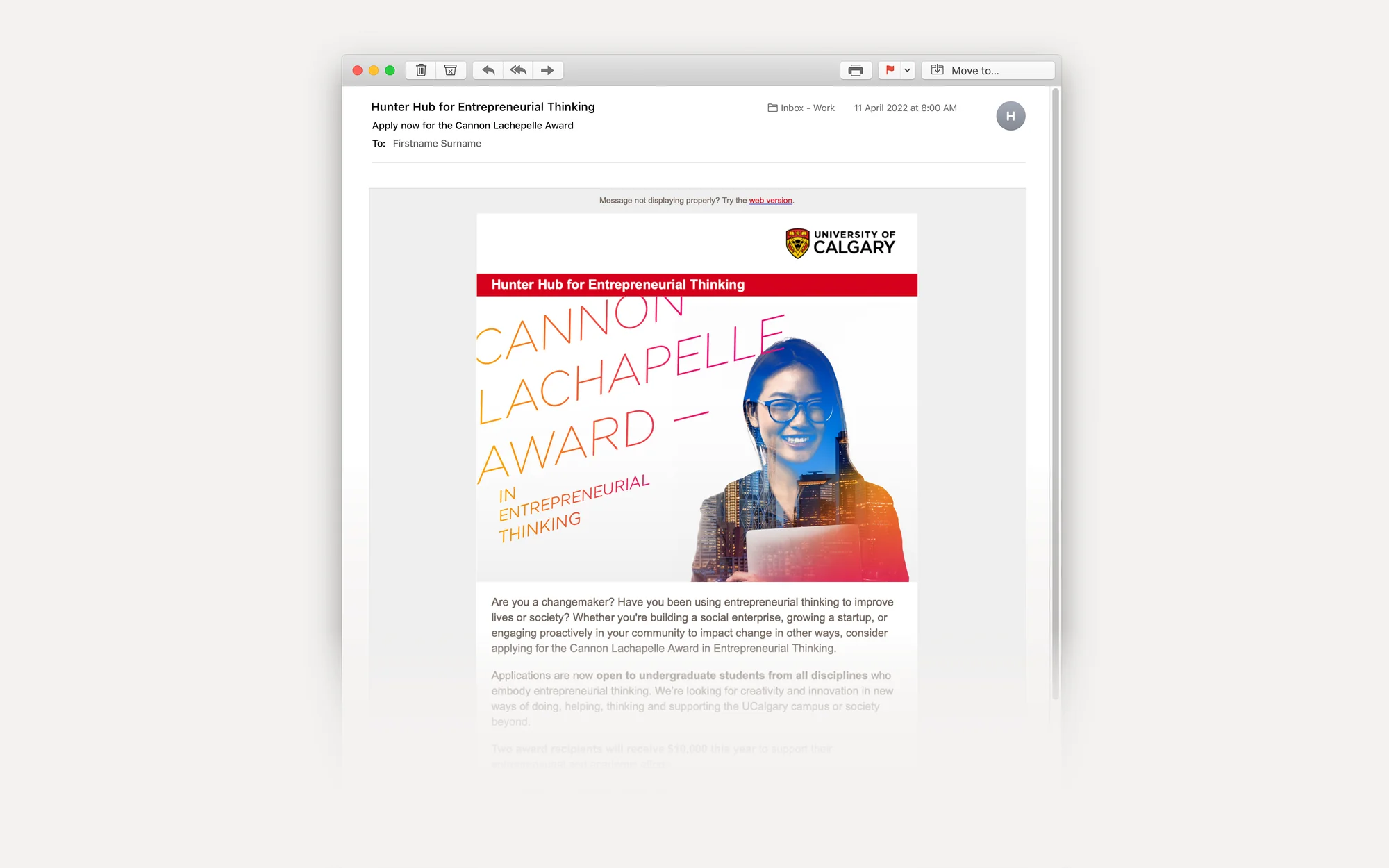 UCalgary Hunter Hub — Cannon Lachapelle Award digital screen ad