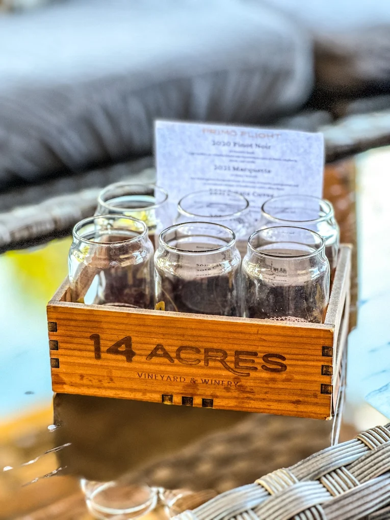 A 14 Acres tasting flight of six wines in a branded wooden crate