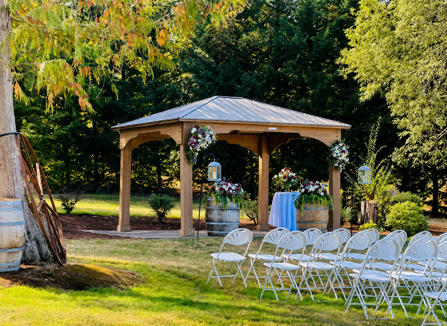 A long banquet table set for a wedding reception