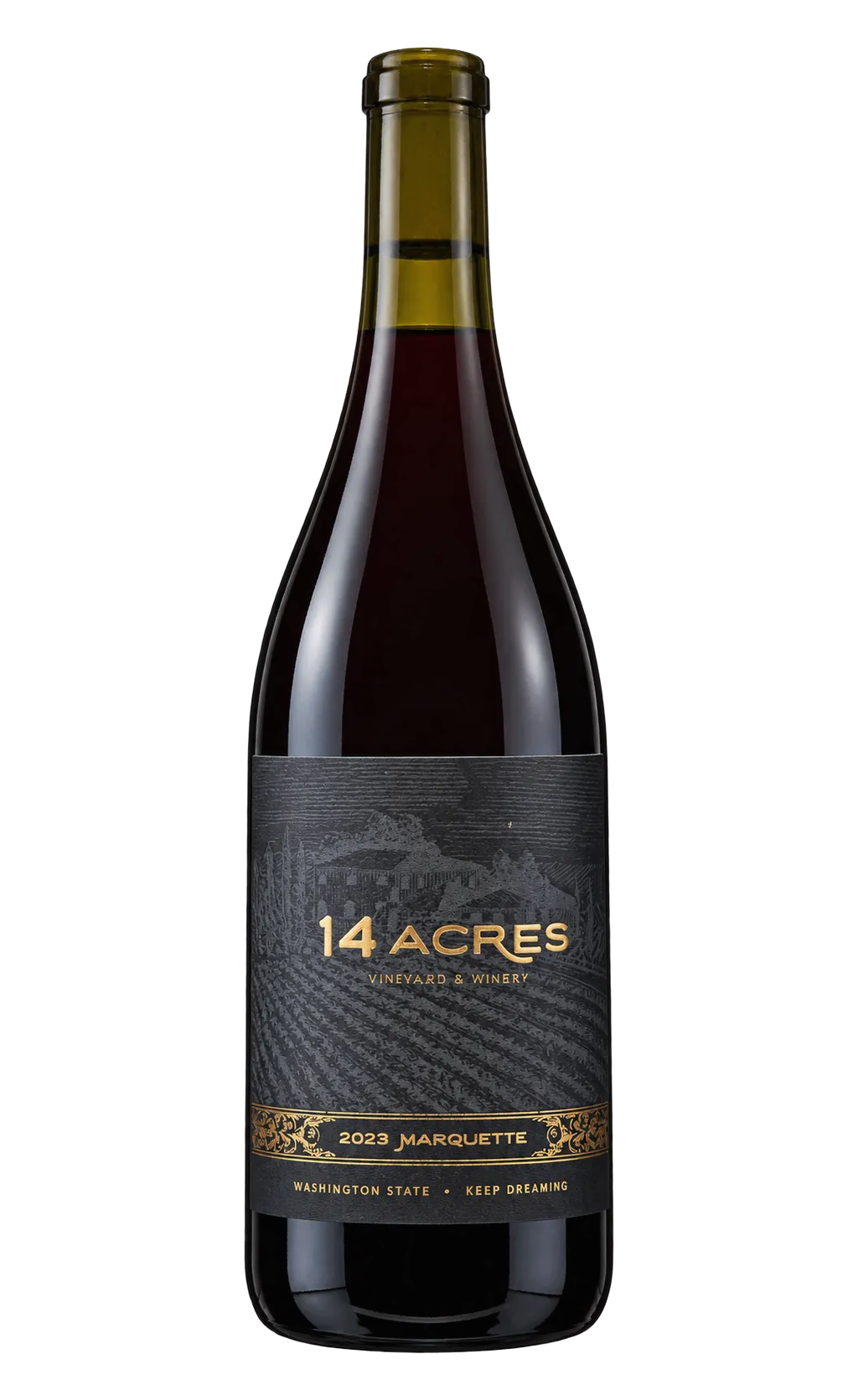 A bottle and glass of 14 Acres red wine