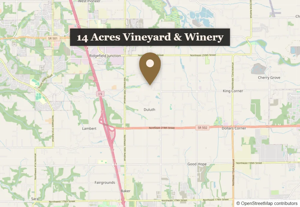 Map showing 14 Acres Vineyard & Winery at 2411 NE 244th St, Ridgefield, WA