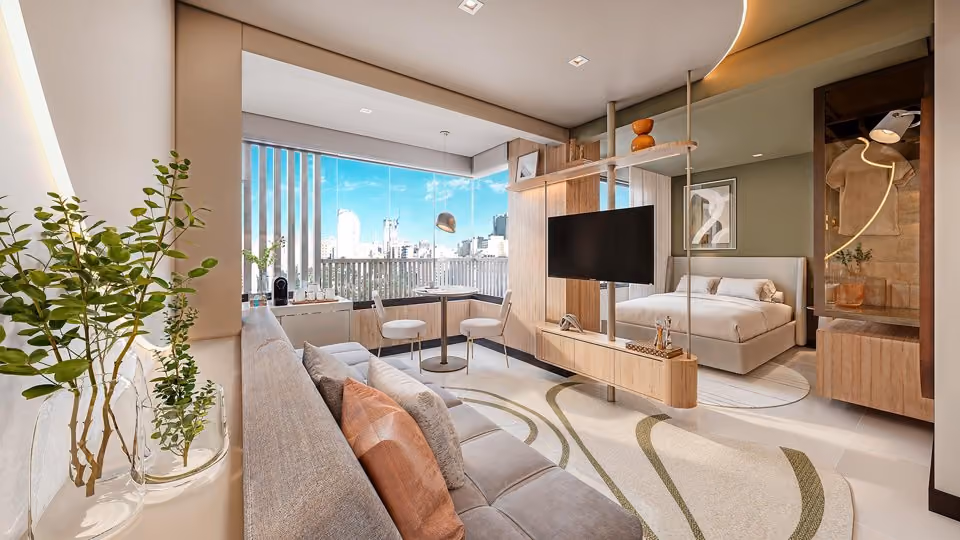 Living do apartamento decorado do Verde Città, na Consolação, São Paulo