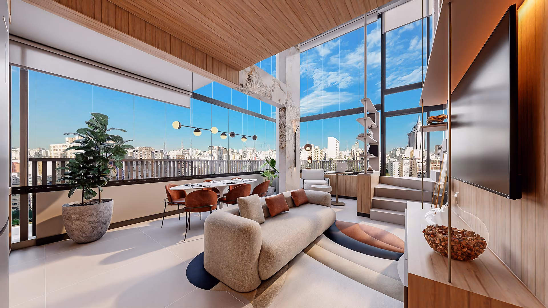 Living com pé-direito de 6 metros do duplex do Verde Città