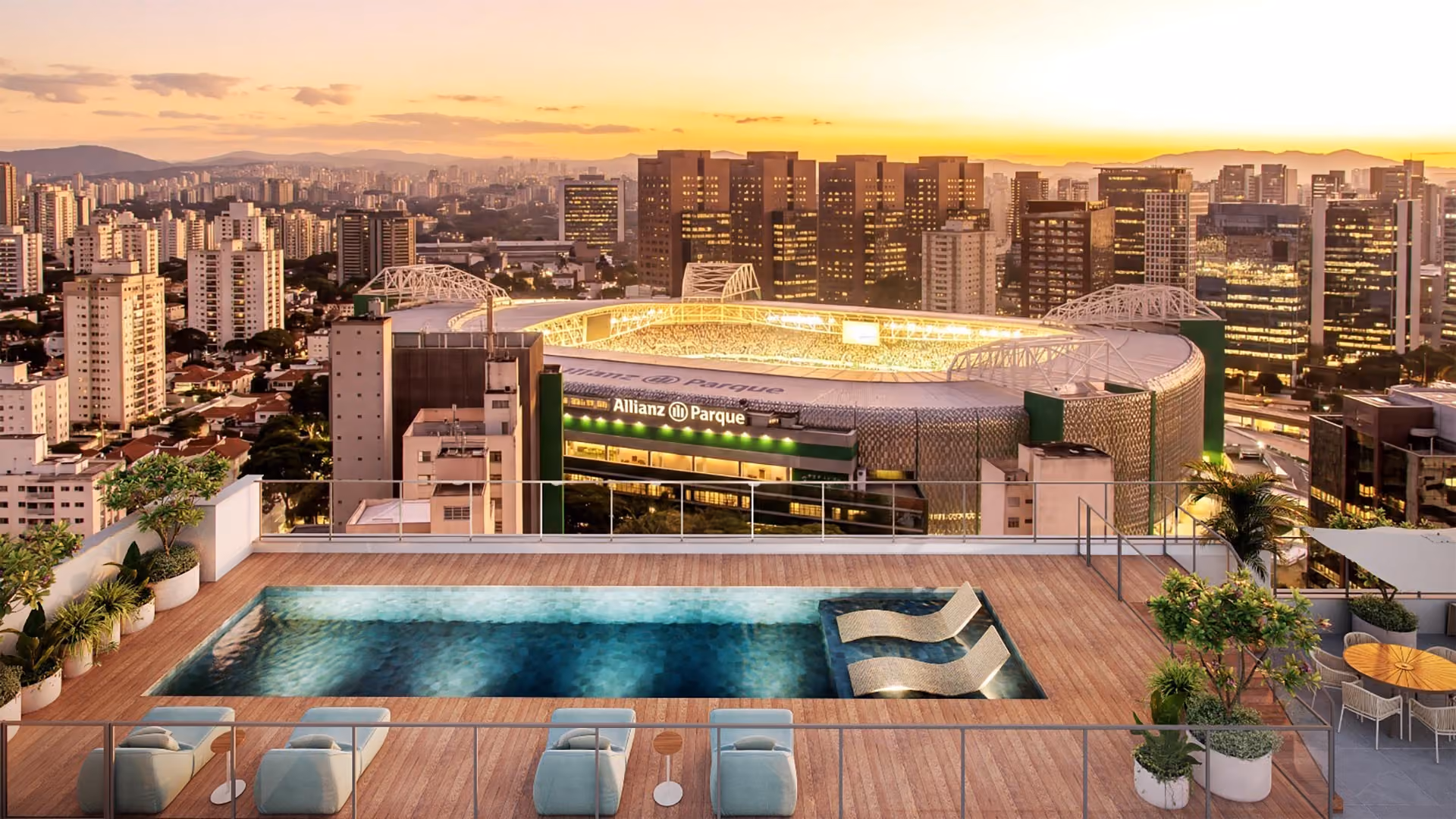 Piscina no rooftop do Arena Stay com vista para o Allianz Parque, em Perdizes
