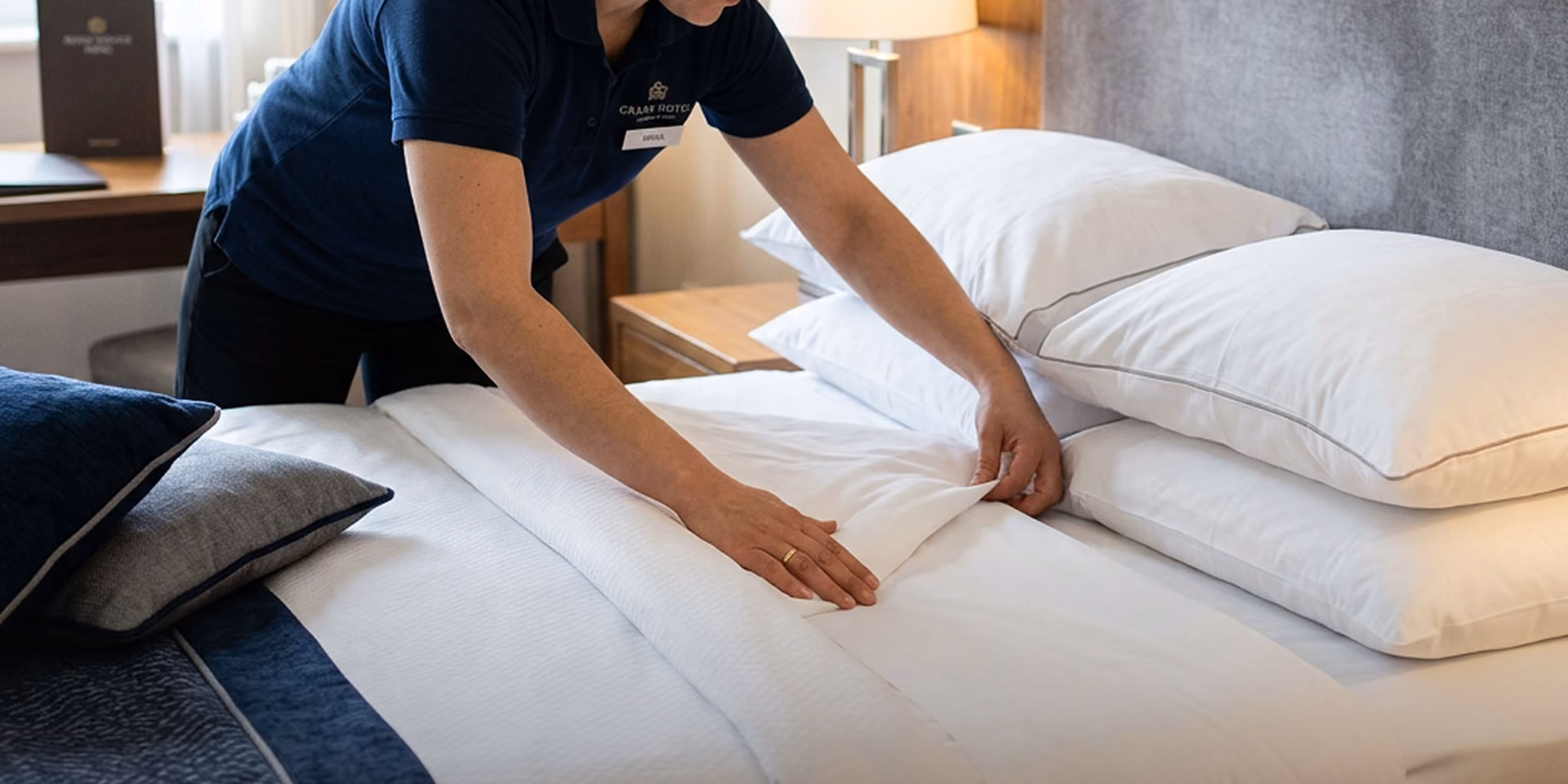 Camareira arrumando a cama de um apartamento de curta temporada