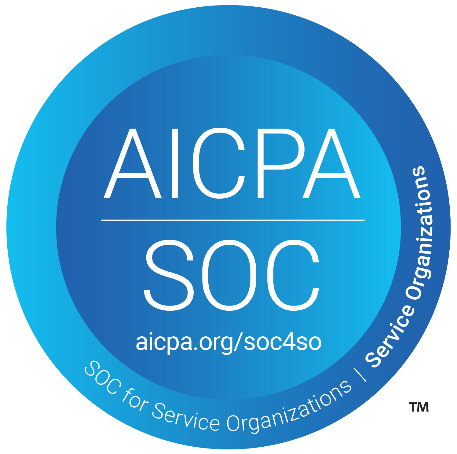 Blue circular AICPA SOC logo with the text aicpa.org/soc4so and SOC for Service Organizations.