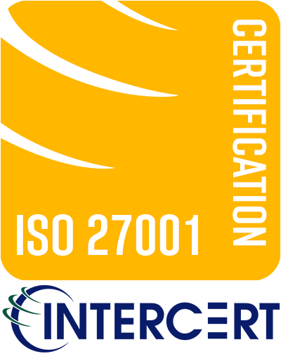 ISO 27001 certification mark in yellow with white text and the IEC logo below in blue and green.