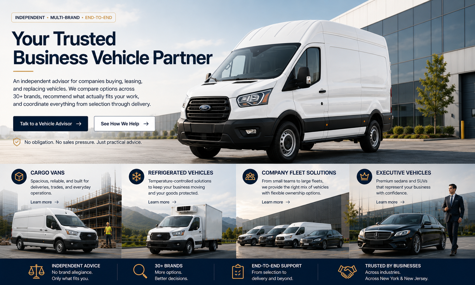 Bion Motors advisor helping a business select a commercial cargo van, with cargo van, refrigerated vehicle, fleet, and executive vehicle options shown