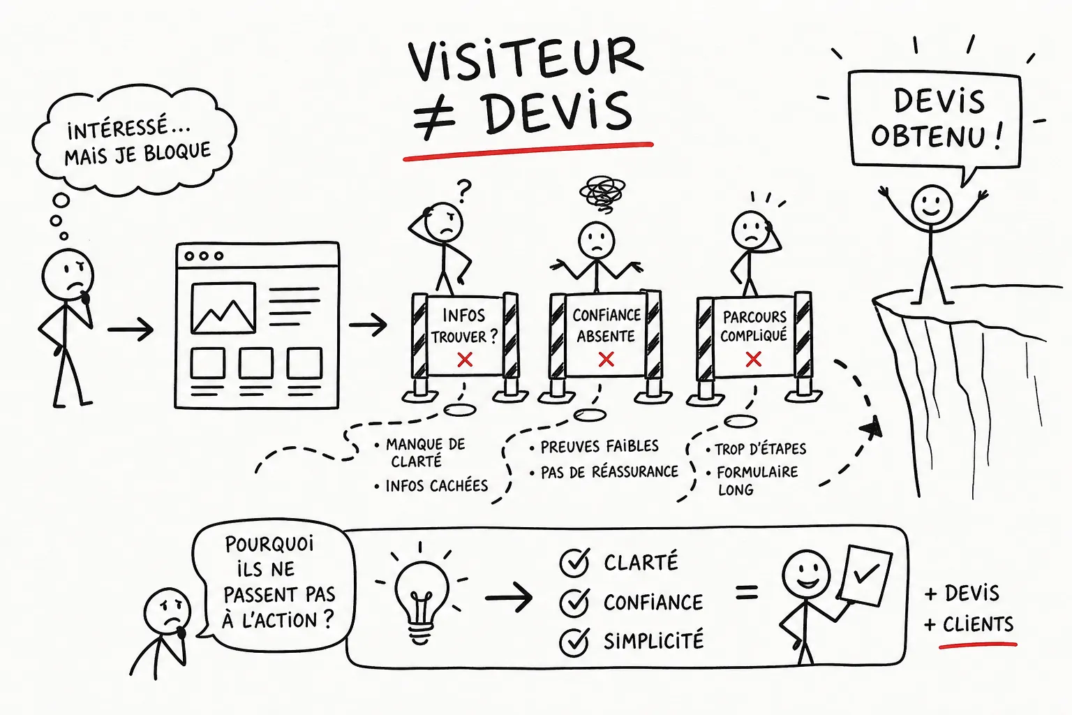 Illustration : pourquoi un visiteur de site ne devient pas une demande de devis (clarté, confiance, simplicité)