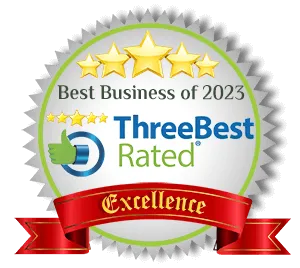 A logo for ThreeBest Rated, Best Business of 2023.
