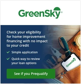 GreenSky ad offering home improvement financing prequalification with simple application and no credit impact.